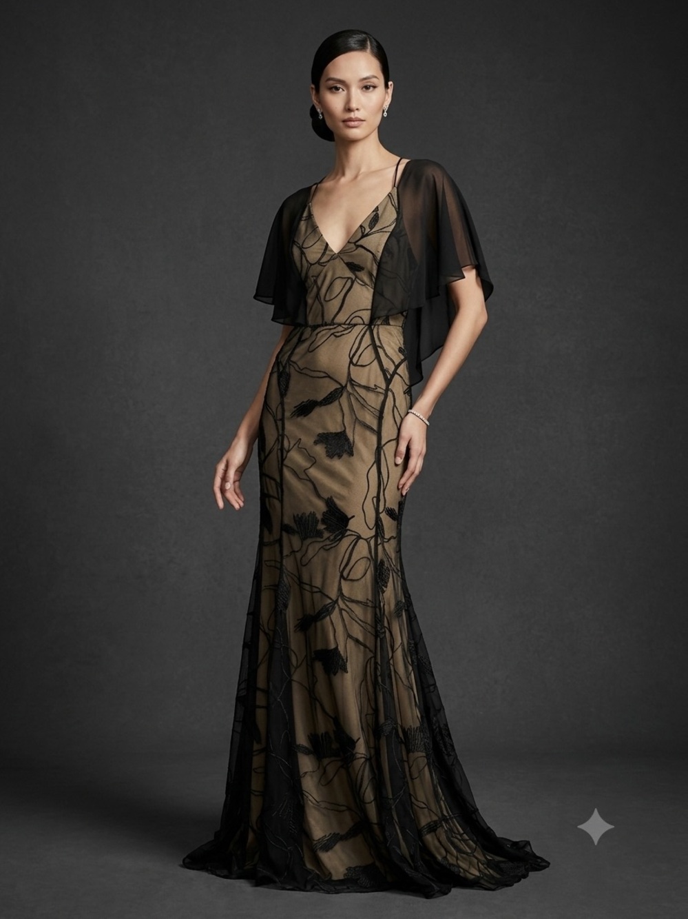 Halston Heritage Black Overlay on Gold Sheath Evening Gown